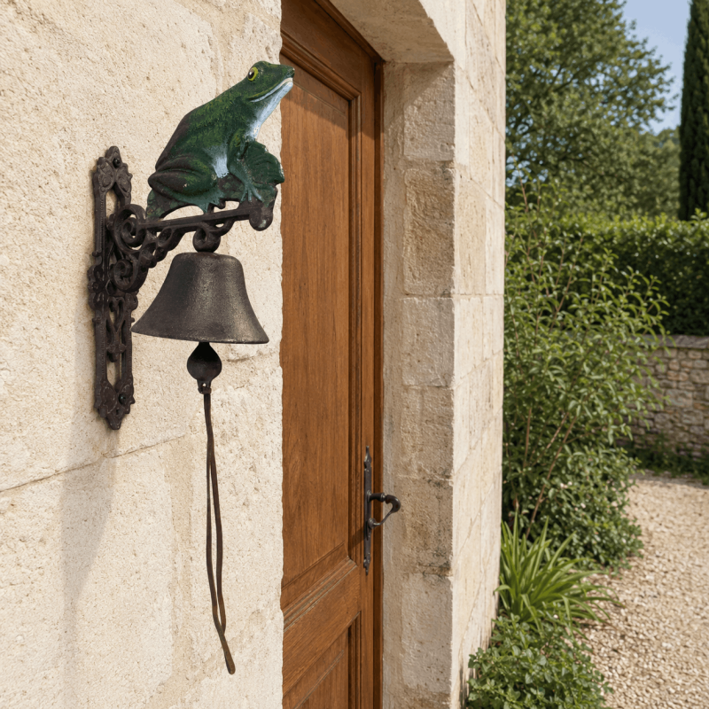 Wandglocke mit Froschmotiv und verzierter Halterung