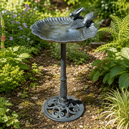 Grand bain d’oiseaux sur pied en fonte – Vasque coquillage 48 cm