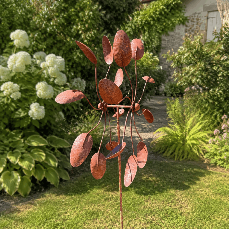 Großes Gartenwindrad mit zwei gegenläufigen Rotoren aus Rostmetall