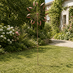 Großes Gartenwindrad mit zwei gegenläufigen Rotoren aus Rostmetall