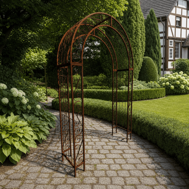 Großer Rosenbogen aus rostigem Metall – H 254 cm