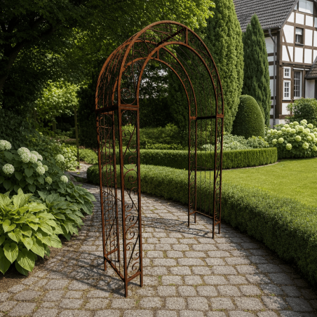 Großer Rosenbogen aus rostigem Metall – H 254 cm