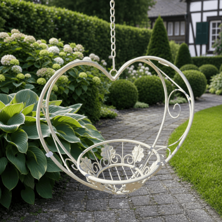 Jardinière suspendue cœur en métal blanc patiné avec panier