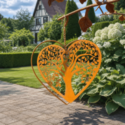 Herz mit Lebensbaum aus Metall – hängende Gartendeko