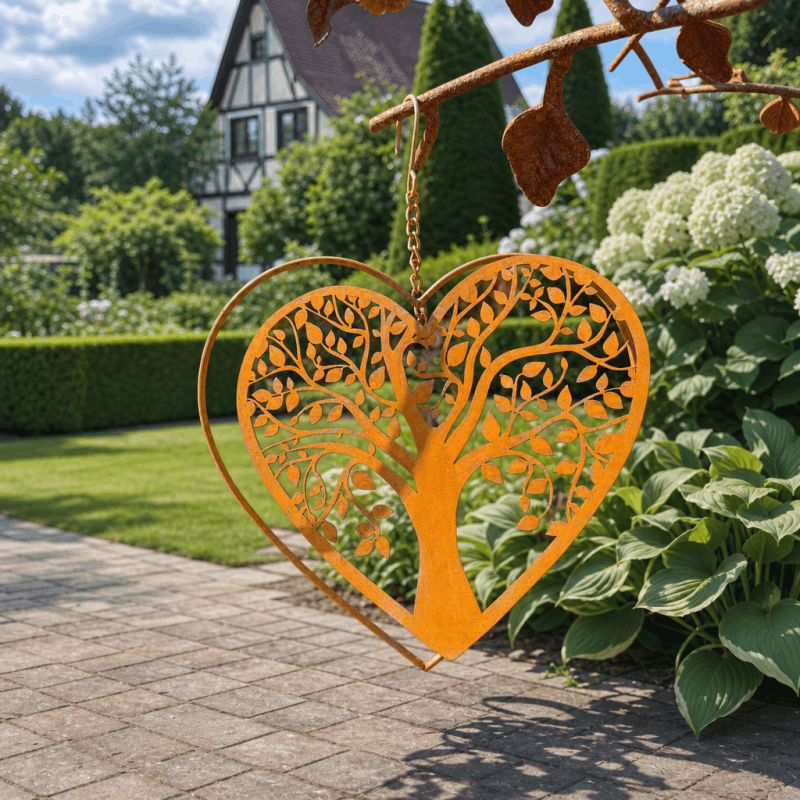 Herz mit Lebensbaum aus Metall – hängende Gartendeko