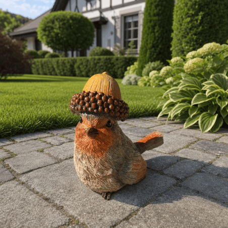 Rotkehlchenfigur mit Eichelhut | Vogeldeko 10 cm