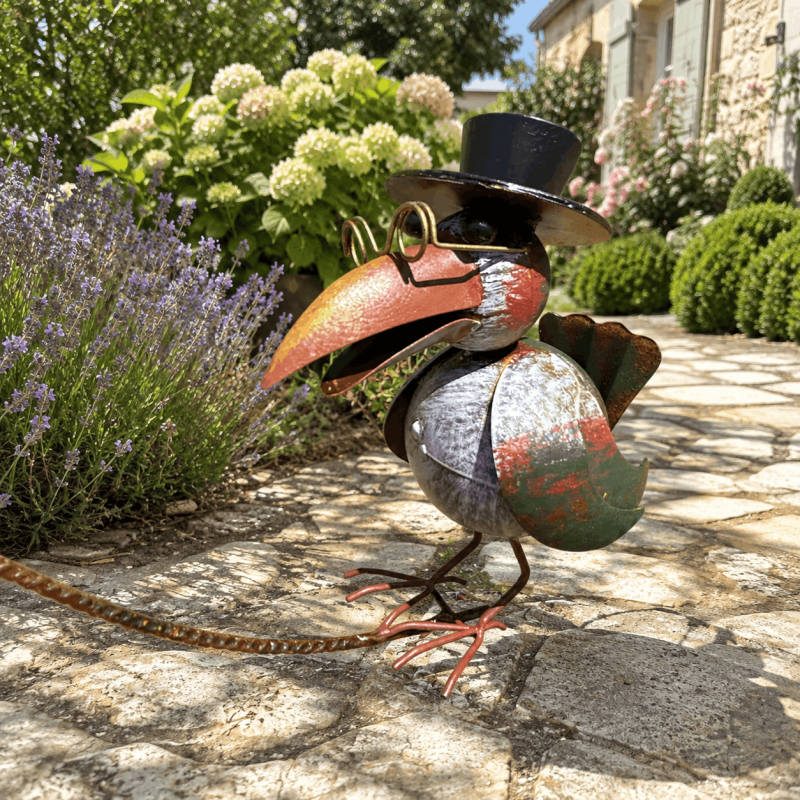 Balancierende Gartendekoration mit zwei Krähen auf Gartenstecker