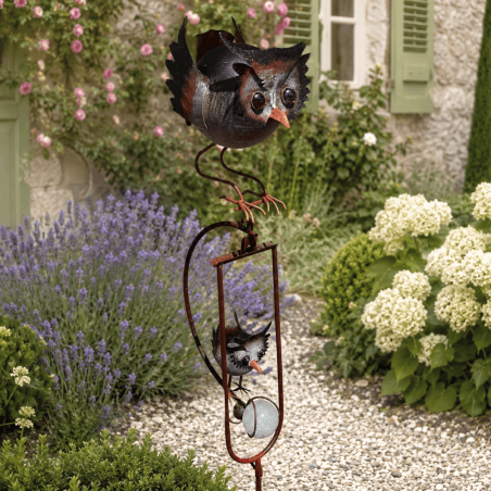 Balancierendes Garten-Mobile mit Eulenmama und Babyeule 139 cm