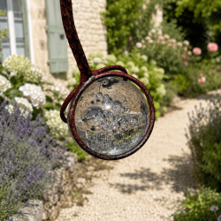 Glaskugel als Gegengewicht am balancierenden Garten-Mobile