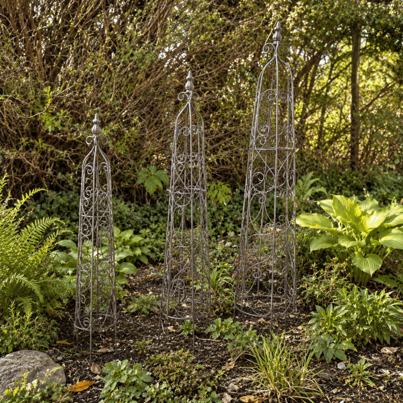 Obélisque tuteur de jardin en métal à volutes – 3 tailles