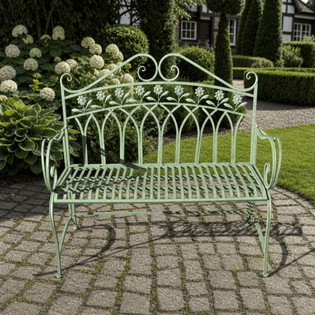 Gartenbank aus Metall in Patinagrün mit Blumenmustern, 112 cm