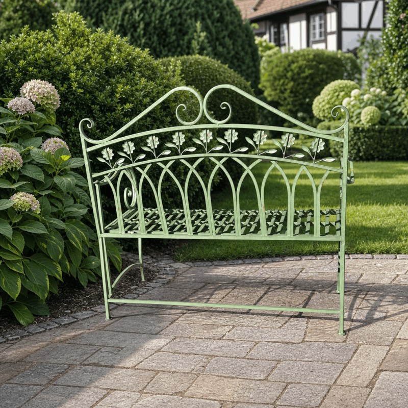 Blumendossier der patinierten salbeigrünen Metall-Gartenbank