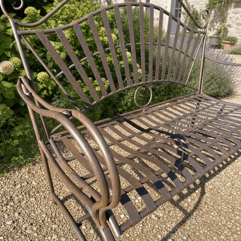Abgerundete Sitzfläche der schmiedeeisernen Gartenbank „Arabesque“