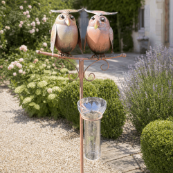 Pluviomètre décoratif à piquer 2 chouettes en métal – H 112 cm
