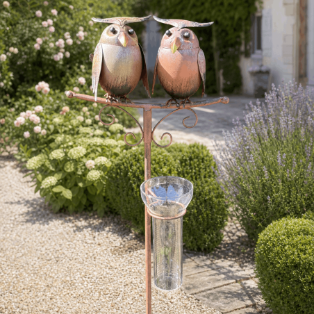 Pluviomètre décoratif à piquer 2 chouettes en métal – H 112 cm
