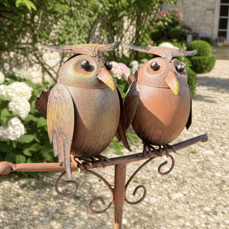 Pluviomètre décoratif à piquer 2 chouettes en métal – H 112 cm