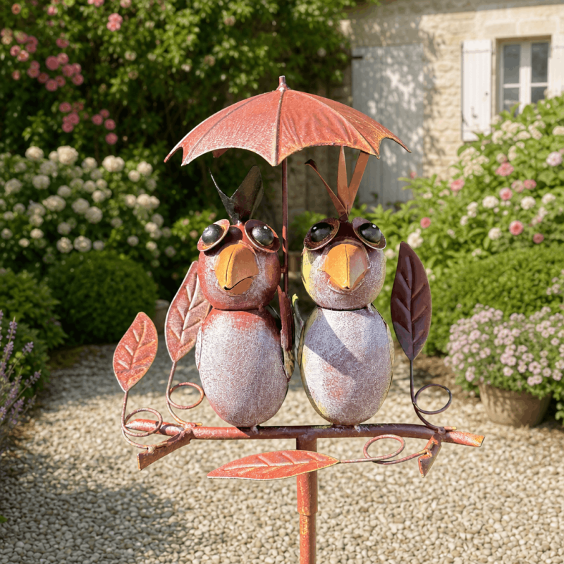 Pluviomètre décoratif à piquer 2 oiseaux sous parapluie – H 135 cm