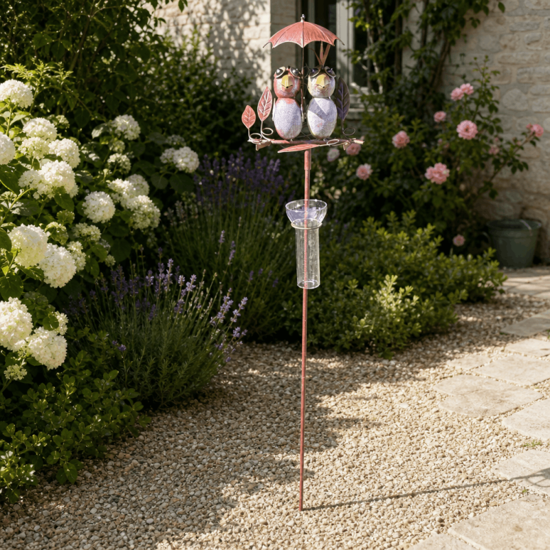 Pluviomètre décoratif à piquer 2 oiseaux sous parapluie – H 135 cm