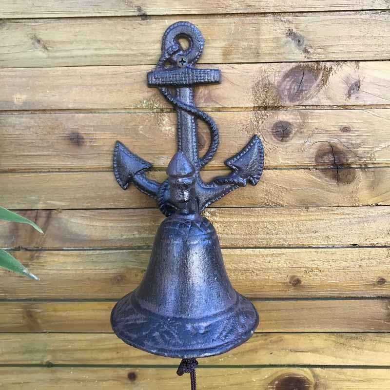 Gusseisen-Glocke für Garten-, Tür- und Torbereich mit maritimem Anker-Motiv, Frontalansicht