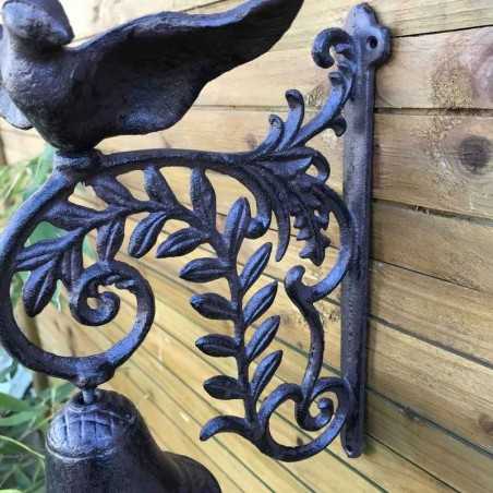 Tür-, Garten- und Torglocke mit Vogel- und Blattmotiv aus Gusseisen, Nahaufnahme