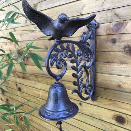 Tür-, Garten- und Torglocke mit Vogel- und Blattmotiv aus Gusseisen