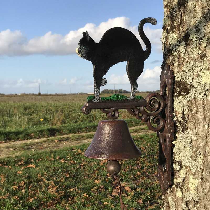 Große Gusseisen-Glocke für die Tür H 45 cm Motiv Schwarze Katze