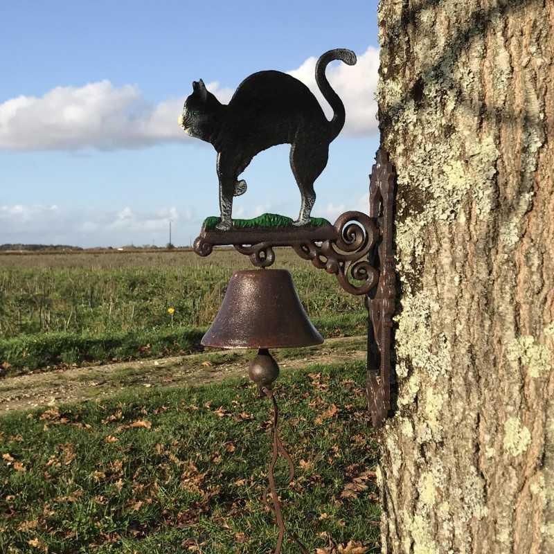 Große Gusseisen-Glocke für die Tür H 45 cm Motiv Schwarze Katze