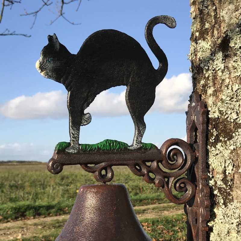 Große Gusseisen-Glocke für die Tür H 45 cm Motiv Schwarze Katze