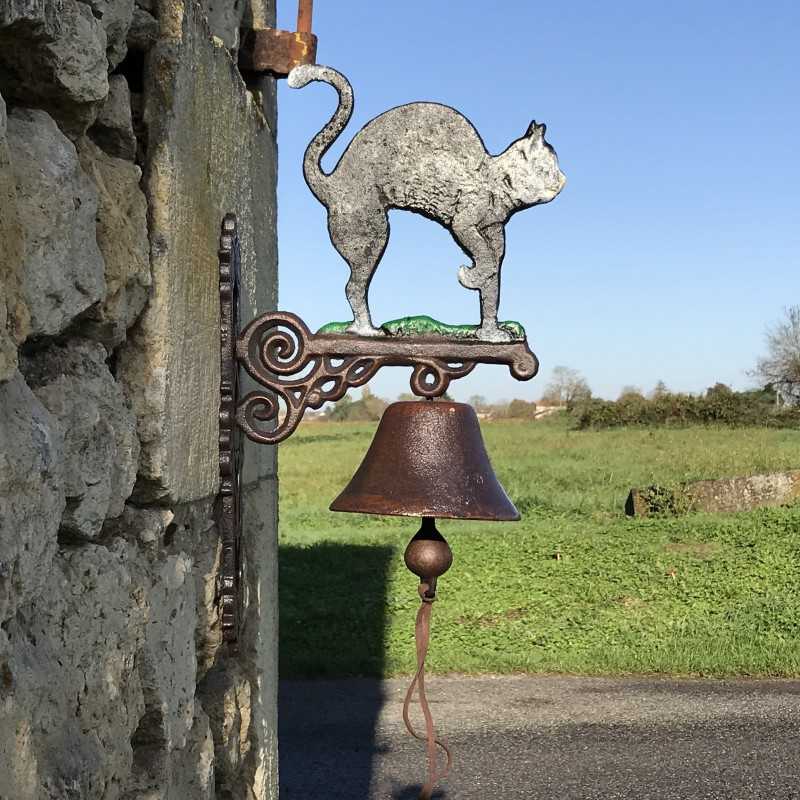 Große Gusseisen-Glocke für die Tür H 45 cm Motiv Schwarze Katze