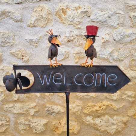 Pic, dekorativer Gartenstab Welcome in Braun, bunter Rabe