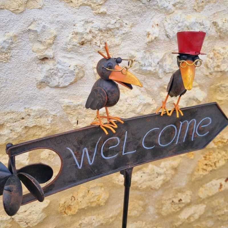 Pic, dekorativer Gartenstab Welcome in Braun, bunter Rabe
