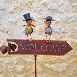 Gartenstecker, dekorative Gartenstütze „Welcome“, farbenfroher Rabe