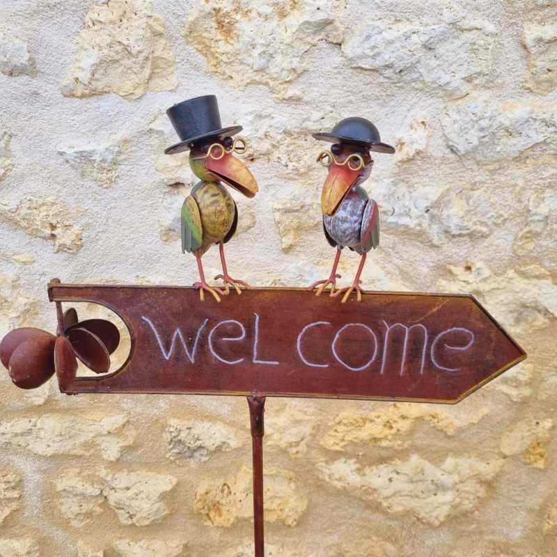 Gartenstecker, dekorative Gartenstütze „Welcome“, farbenfroher Rabe