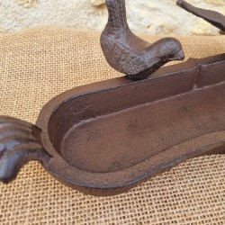 Ovales Vogelbad aus Gusseisen zum Aufstellen, braun mit schwarzer Patina, Motiv 2 Vögel