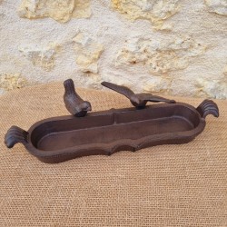 Ovales Vogelbad aus Gusseisen zum Aufstellen, braun mit schwarzer Patina, Motiv 2 Vögel