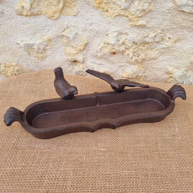 Ovales Vogelbad aus Gusseisen zum Aufstellen, braun mit schwarzer Patina, Motiv 2 Vögel