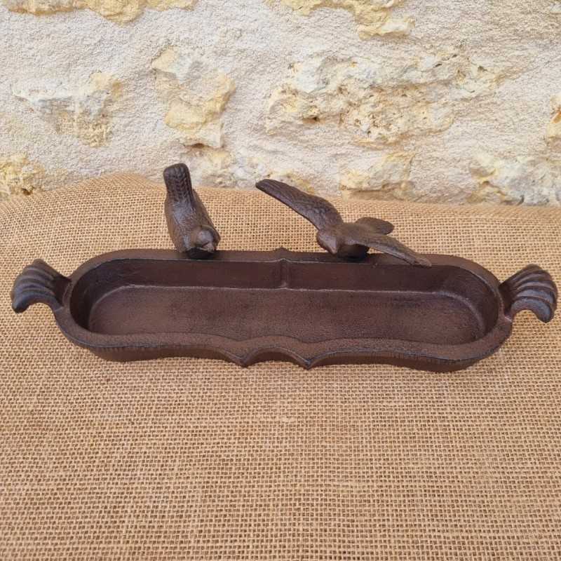 Ovales Vogelbad aus Gusseisen zum Aufstellen, braun mit schwarzer Patina, Motiv 2 Vögel