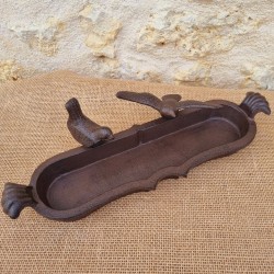 Ovales Vogelbad aus Gusseisen zum Aufstellen, braun mit schwarzer Patina, Motiv 2 Vögel