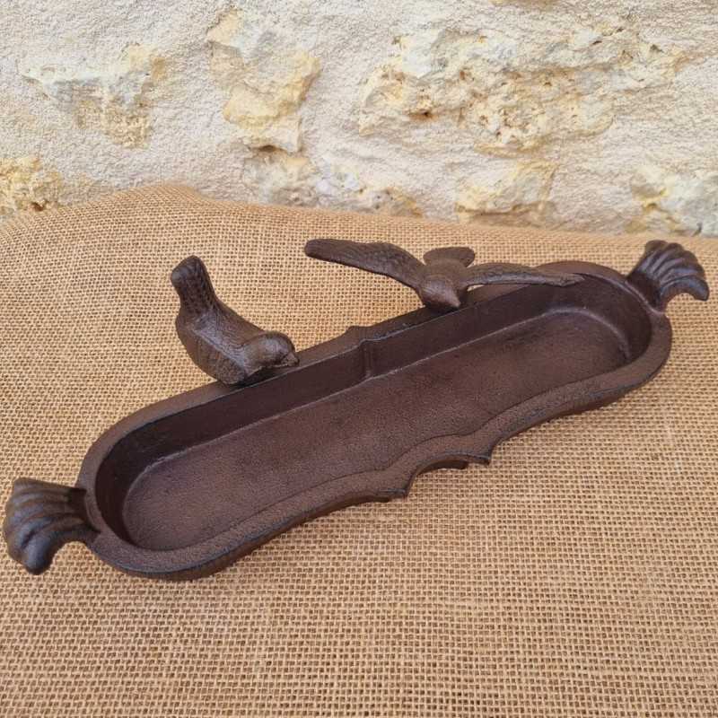 Ovales Vogelbad aus Gusseisen zum Aufstellen, braun mit schwarzer Patina, Motiv 2 Vögel