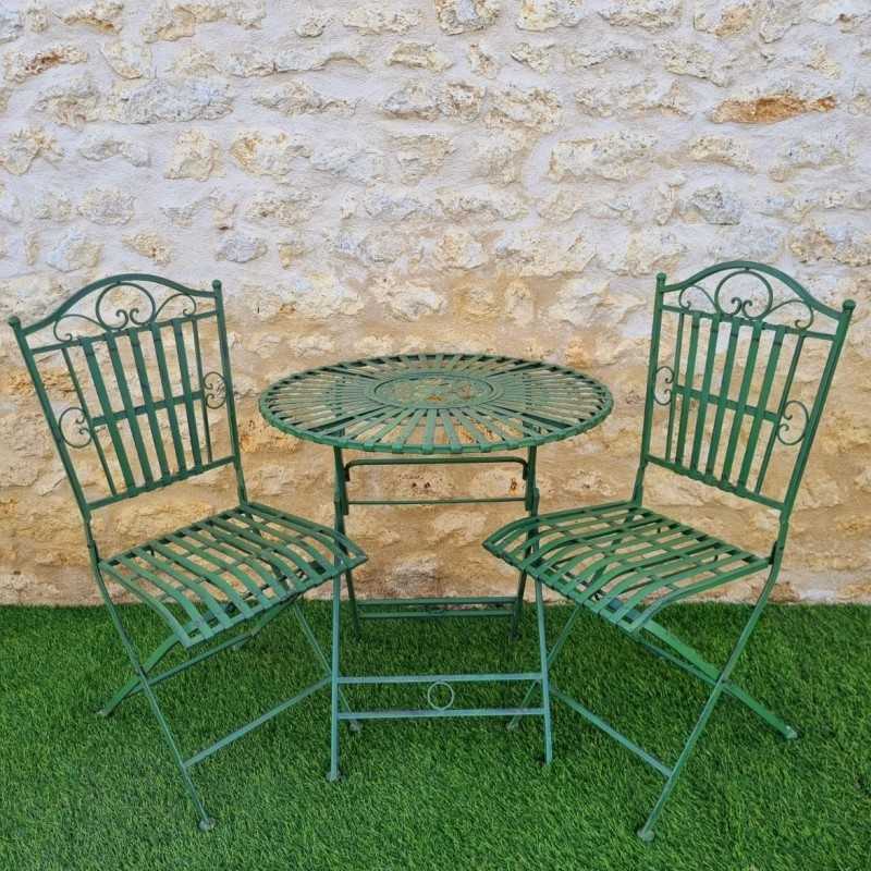 Bistro-Gartenmöbel aus Metall für 2 Personen, grün patiniert mit schwarzem Finish