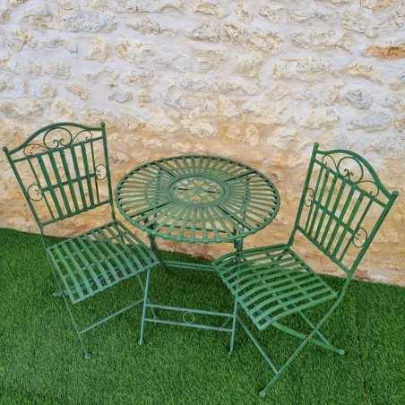 Bistro-Gartenmöbel aus Metall für 2 Personen, grün patiniert mit schwarzem Finish