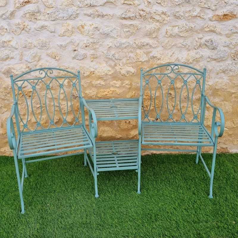Gartenbank aus Eisen mit Ablage, Länge 153 cm, Frontalansicht