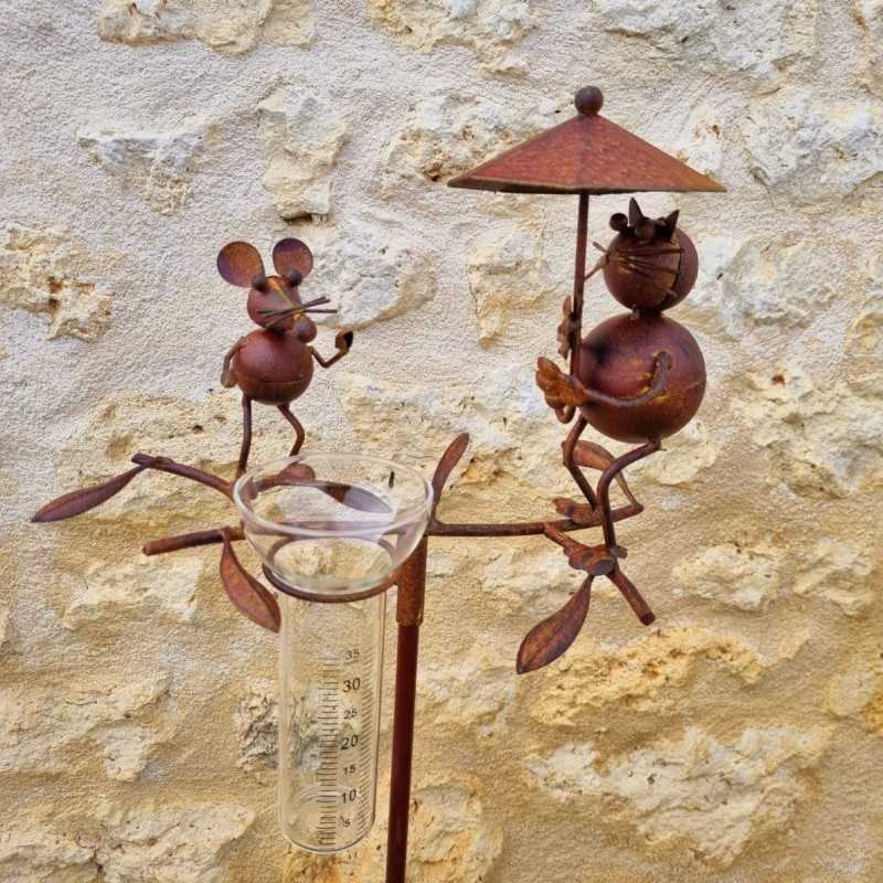Pluviomètre à piquer motif chat et souris Tuteur Plante Décoration de Jardin en Fer Patiné et entonnoir Tube en Verre 39,90 € L