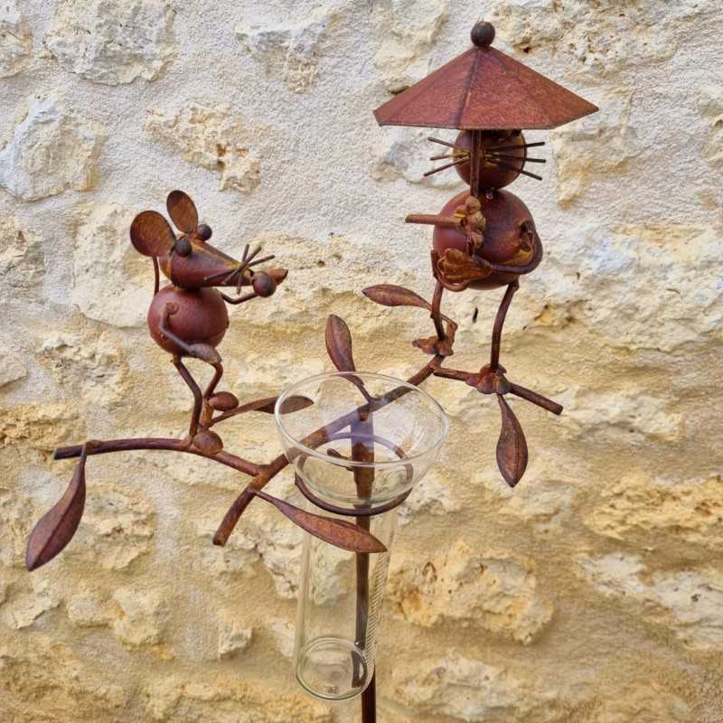 Pluviomètre à piquer motif chat et souris Tuteur Plante Décoration de Jardin en Fer Patiné et entonnoir Tube en Verre 39,90 € L