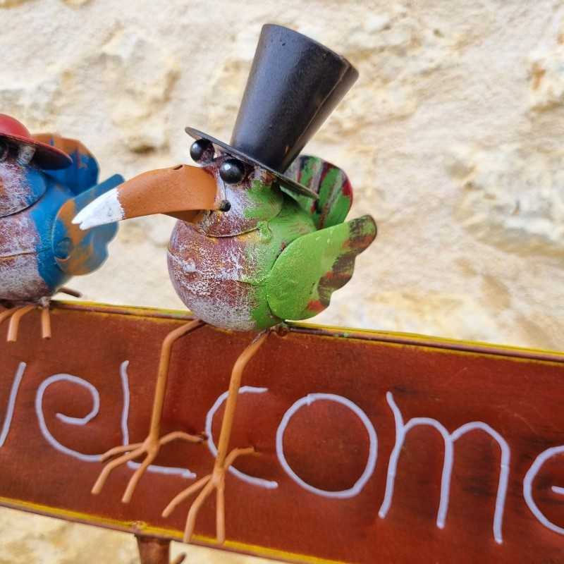 Pfahl, dekorativer Gartenstab Welcome Krähen mit bunten Hüten