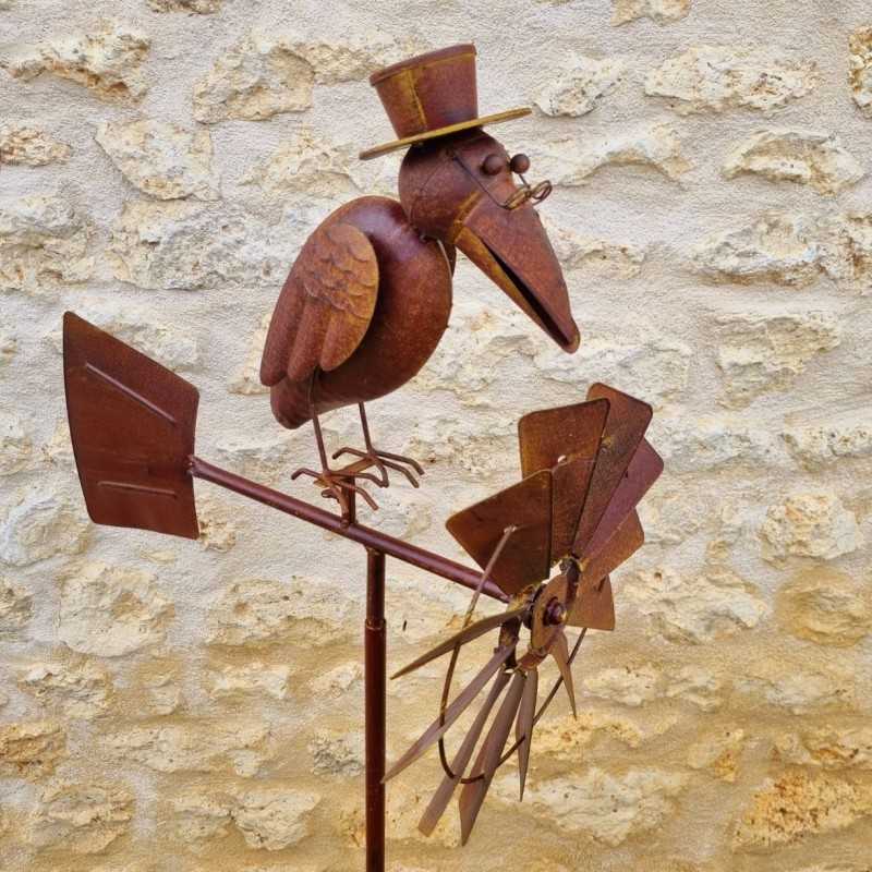Gartenwindrad mit Rabenfigur und beweglicher Windpropeller
