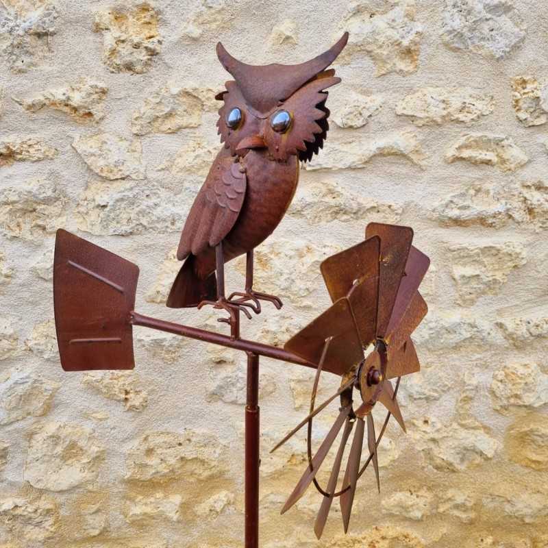 Pic, éolienne de jardin en fer motif chouette aspect rouille 54,90 € LEZARD DU JARDIN