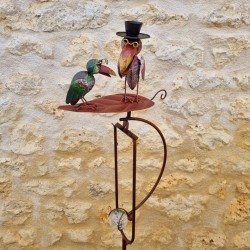 Gartenmobilé mit Wippe auf Stab, Motive Zwei Raben auf einem Blatt aus Eisen und Glas, 15x30x158 cm