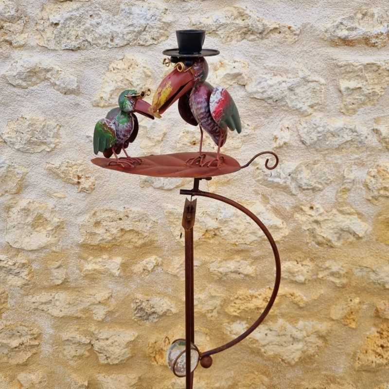 Gartenmobilé mit Wippe auf Stab, Motive Zwei Raben auf einem Blatt aus Eisen und Glas, 15x30x158 cm
