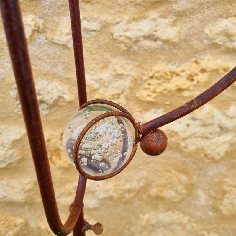 Gartenmobilé mit Wippe auf Stab, Motive Zwei Raben auf einem Blatt aus Eisen und Glas, 15x30x158 cm